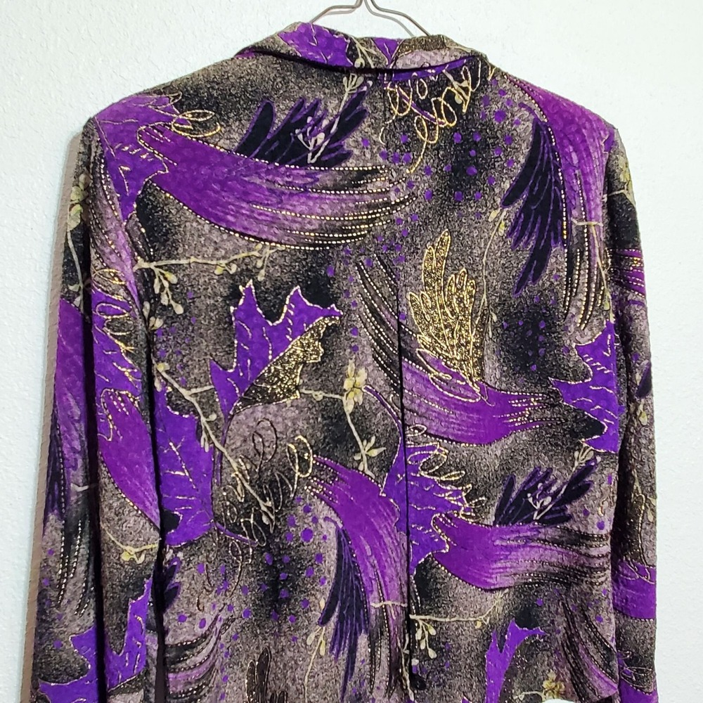 K Studio Collection Womens  Size 12 Long Sleeve Button Blouse Purple Black Gold - Picture 3 of 11
